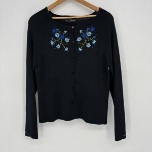 Carole Little Black Cardigan Sweater‎ Silk Blend Floral  Embroidered Women's 12